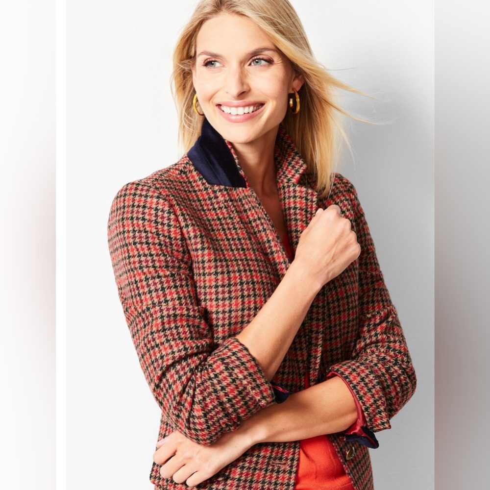 Talbots Red and Black Houndstooth Blazer with Navy Trim